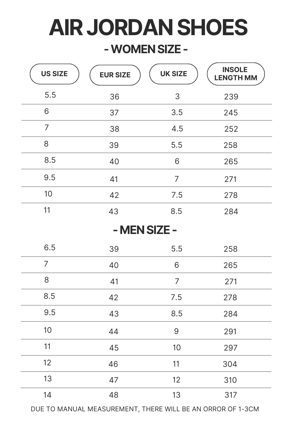 Air Jordan Shoes Size Chart 1 - Hanako Kun Store