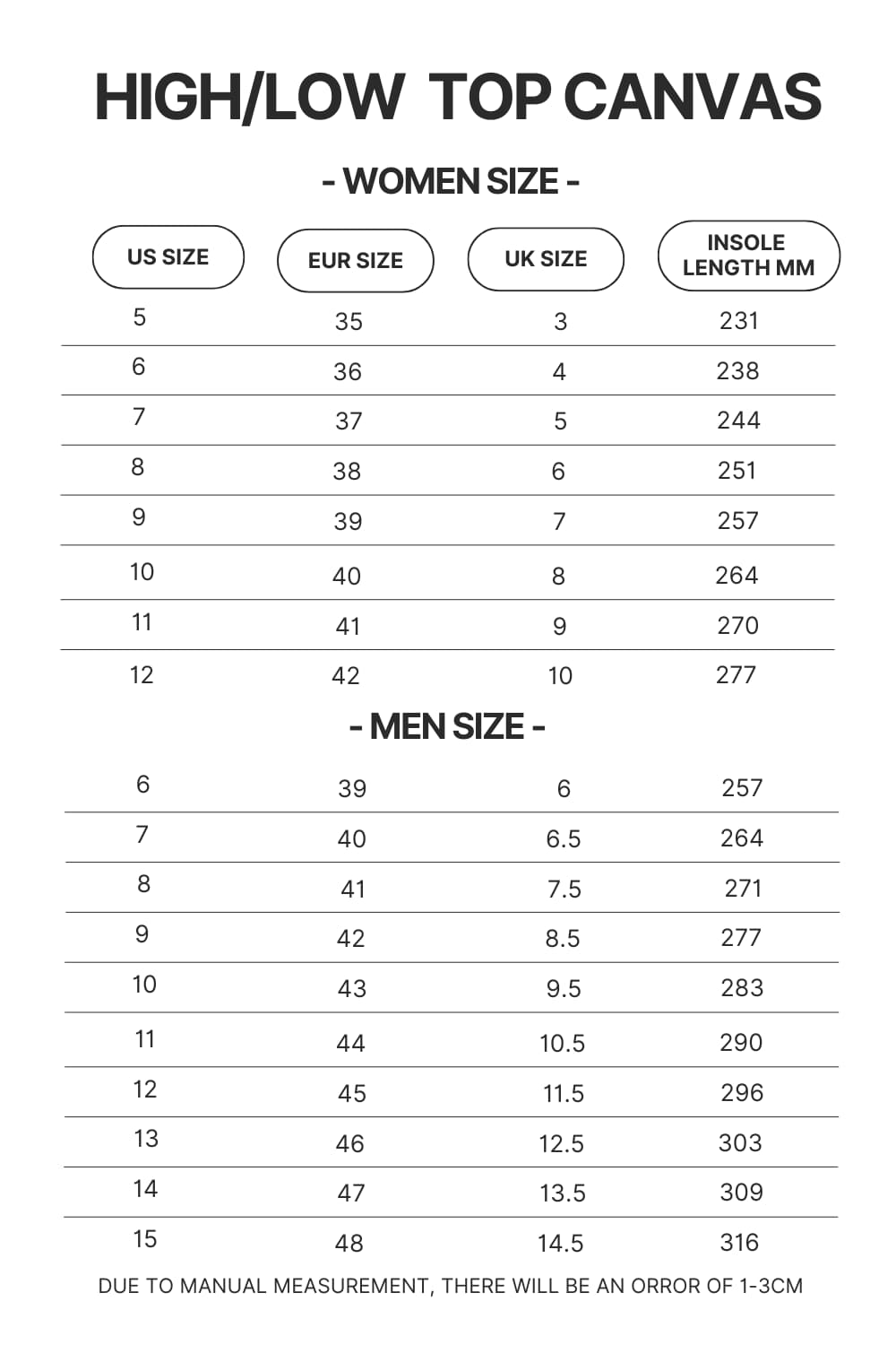 High Top Low Top Canvas Shoes Size Chart 1 5 - Hanako Kun Store